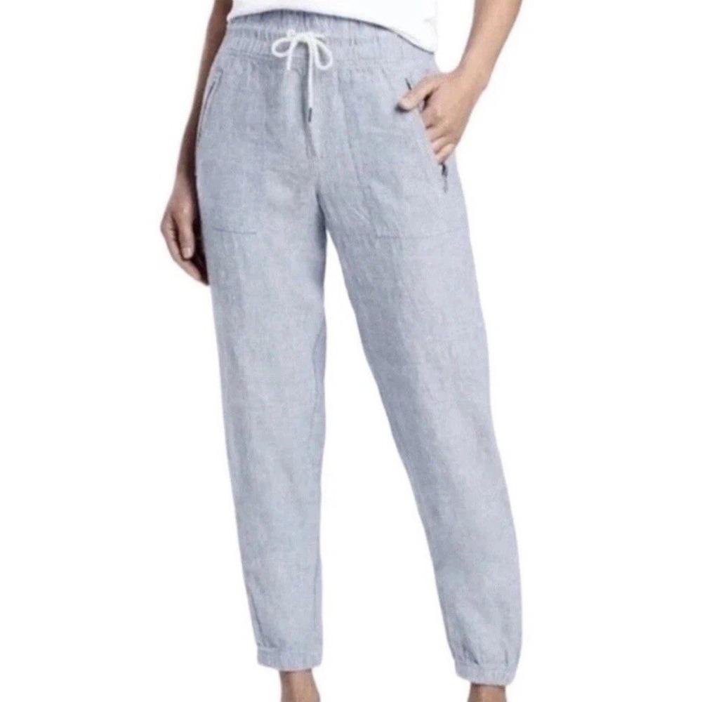 Athleta Cabo Linen Chambray Womens Size 6 Blue Jogger Pants Pockets Pullup